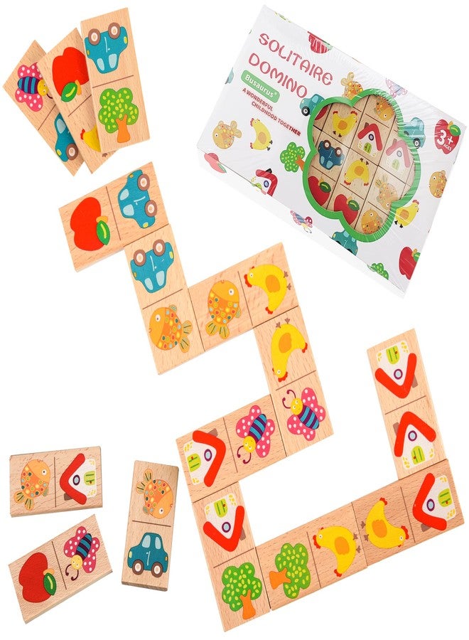 Busaurus 28 Pcs Wooden Domino Puzzle Game - Multicolor Fruit & Animal Design, Educational Family Logic and Thinking Skill Development Toy, Children's Dominoes with Pictures, Gifts for Preschool and Age 3+ - Image 1